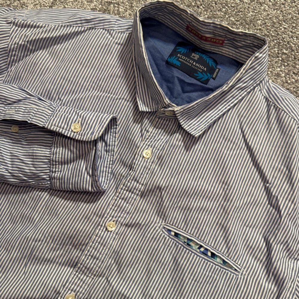 Scotch & Soda Shirt Mens L Blue White Striped Cotton Relaxed Fit Preppy Casual